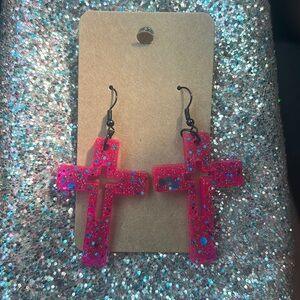 Cross hot pink and turquoise glitter earrings